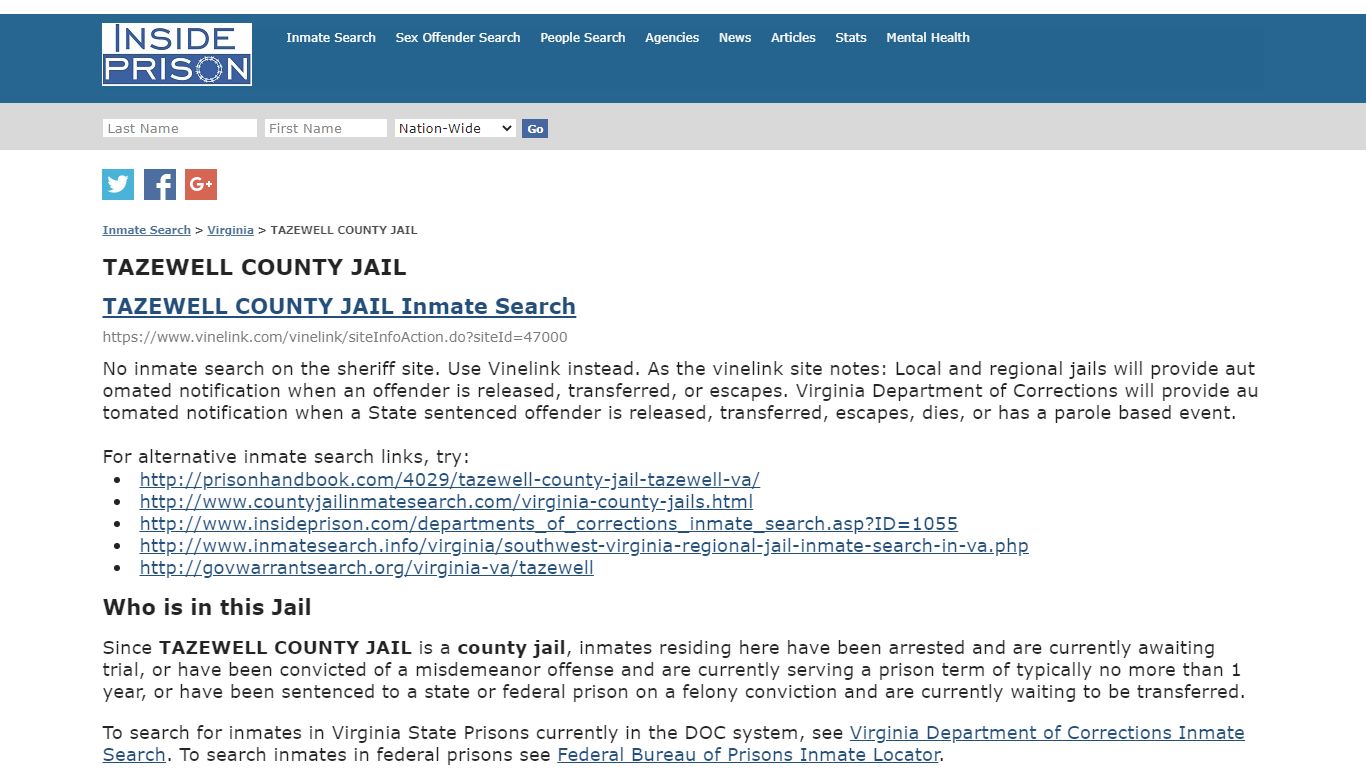 TAZEWELL COUNTY JAIL - Virginia - Inmate Search